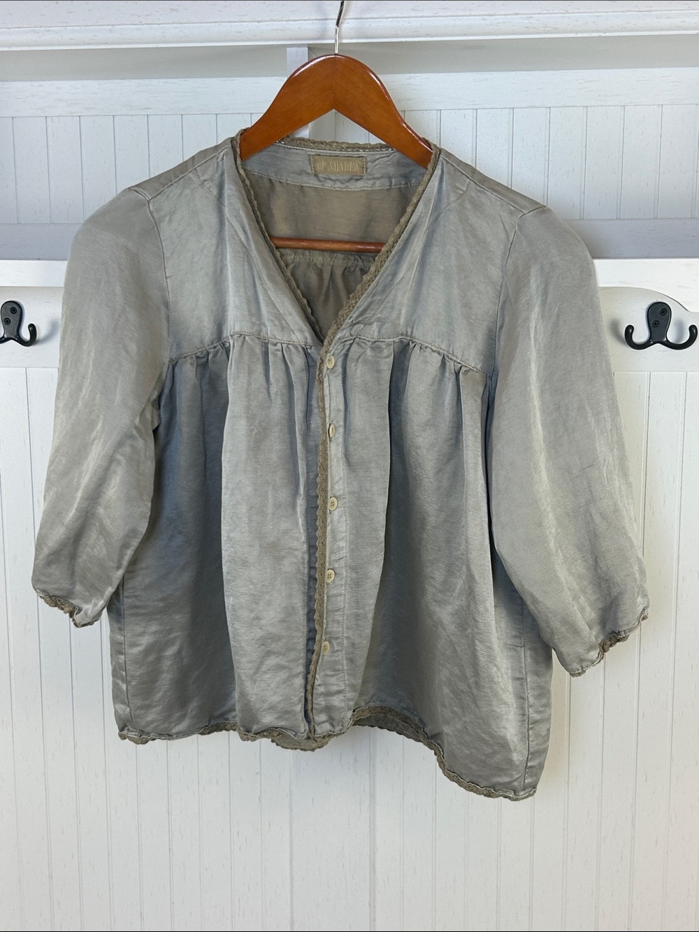 CP Shades Gray Embroidered Trim Button Front Boho Blouse S